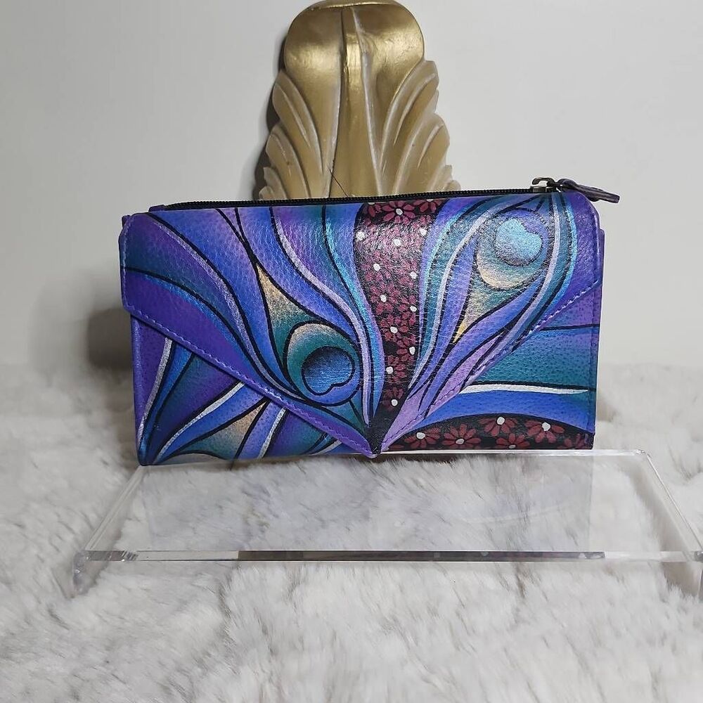 Anna by Anuschka Hand Painted Leather  Clutch Wallet "Dreamy Peacock Dewberry"